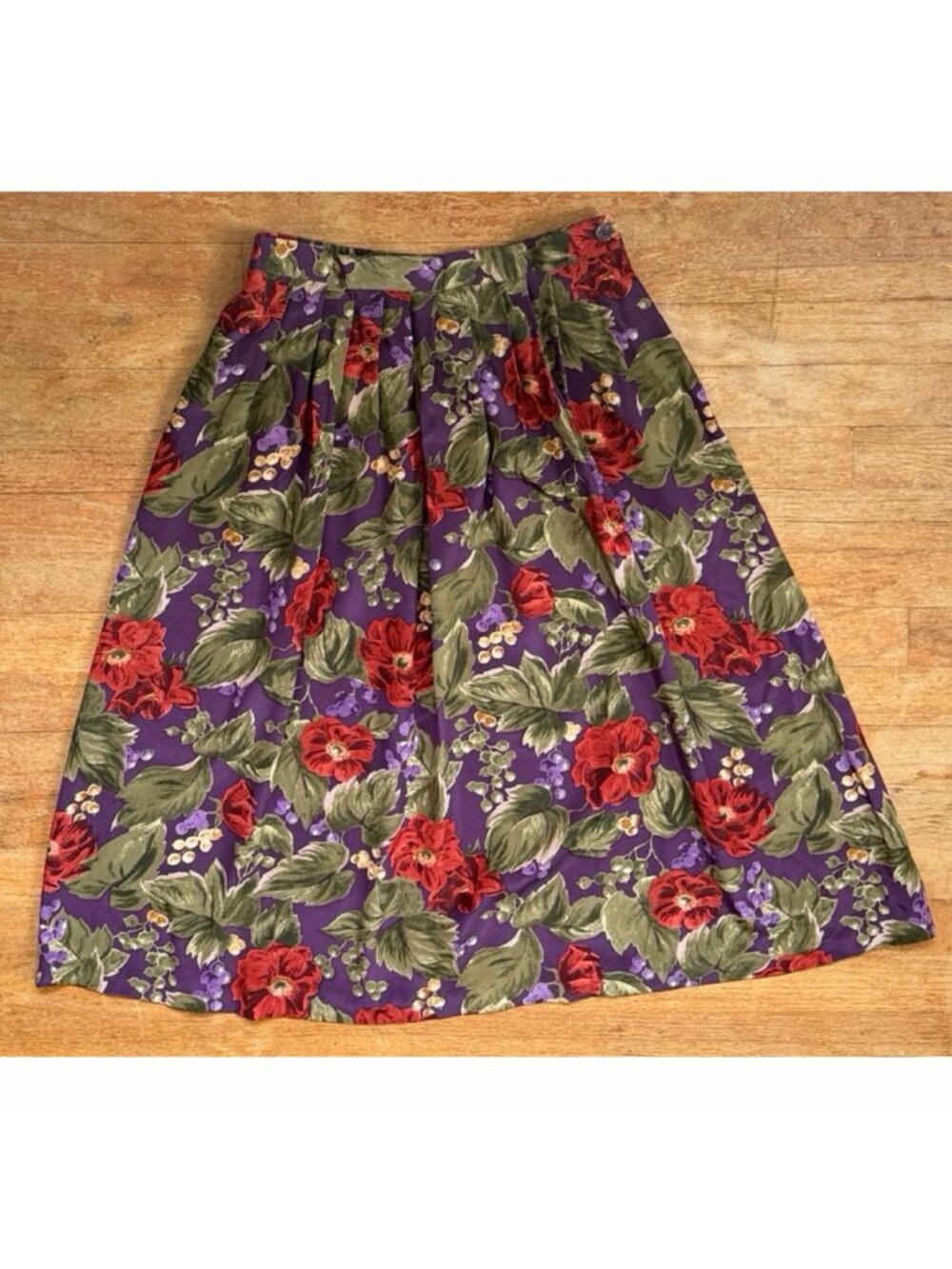Vintage Floral Pleated Silk Midi Skirt Size Medium 8 Grapes Print 27-30" Waist
